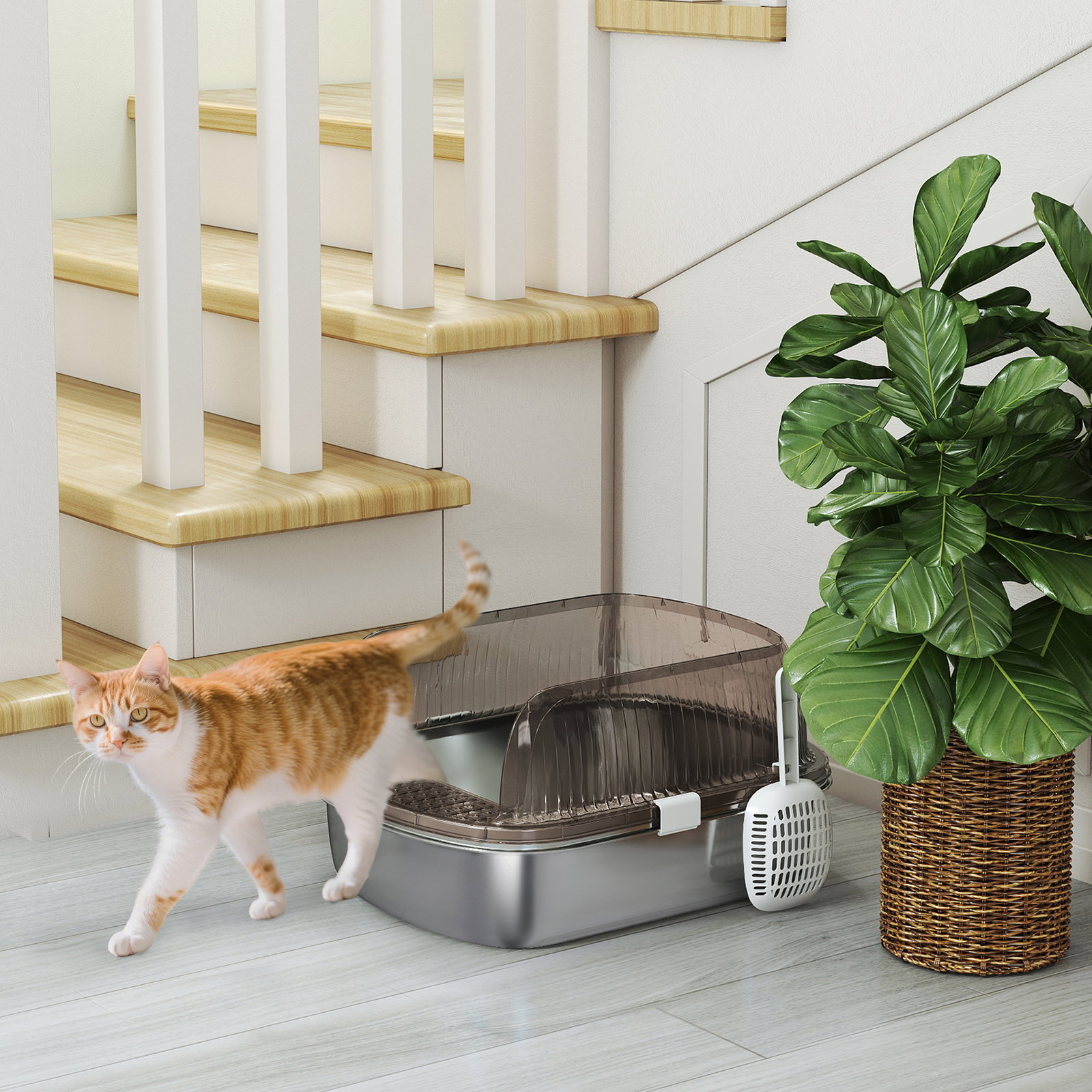 Caixa de areia para gatos fechada com bandeja em aço inoxidável bordas altas pá para gatos grandes 53x42x27 cm cinzento