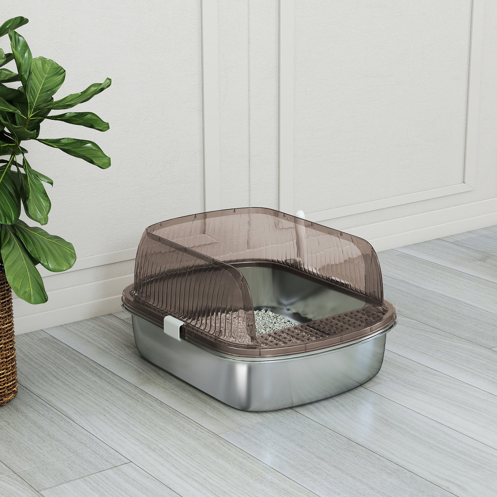Caixa de areia para gatos fechada com bandeja em aço inoxidável bordas altas pá para gatos grandes 53x42x27 cm cinzento