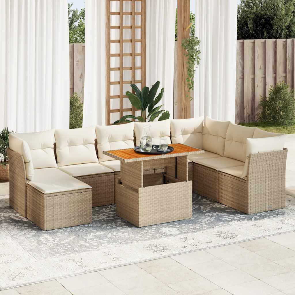 9 Pcs conjunto de sofás p/ jardim com almofadões vime PE bege