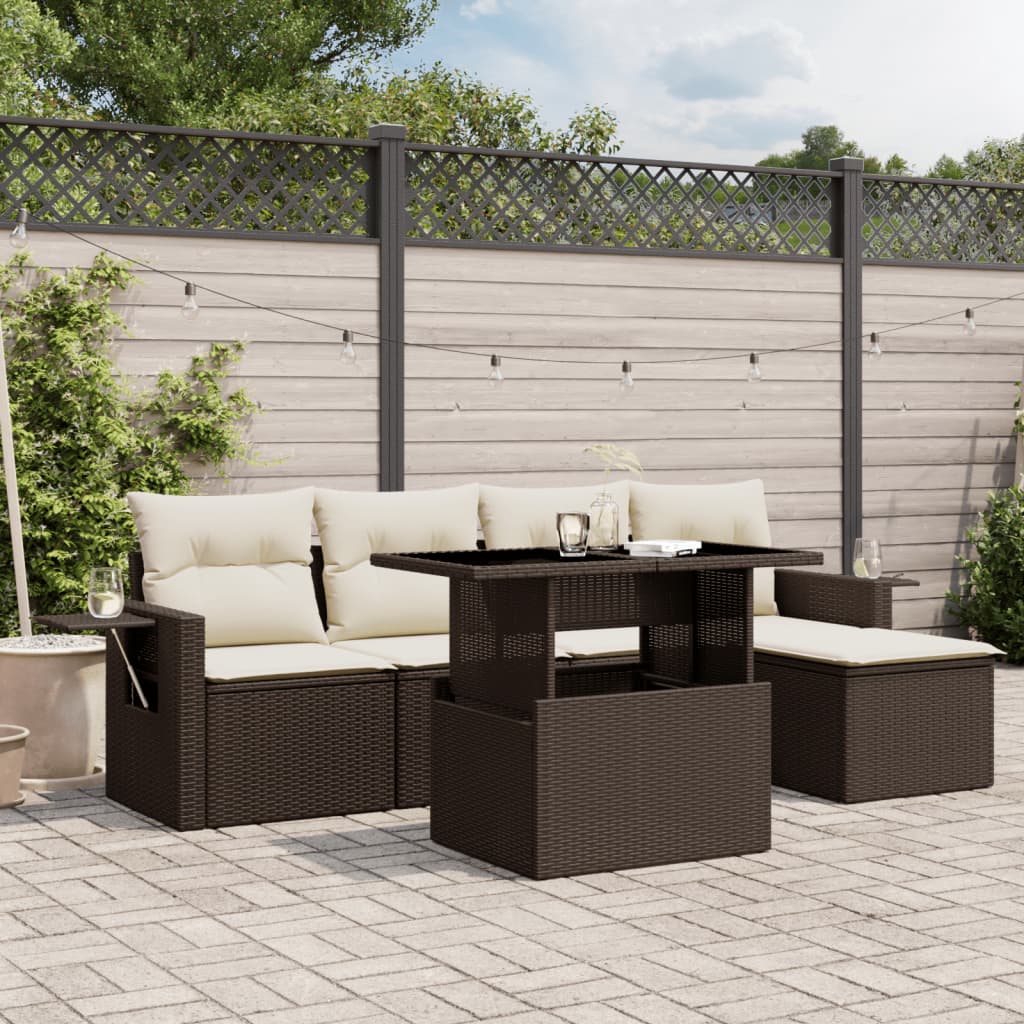 6 Pcs conjunto de sofás jardim c/ almofadões vime PE castanho