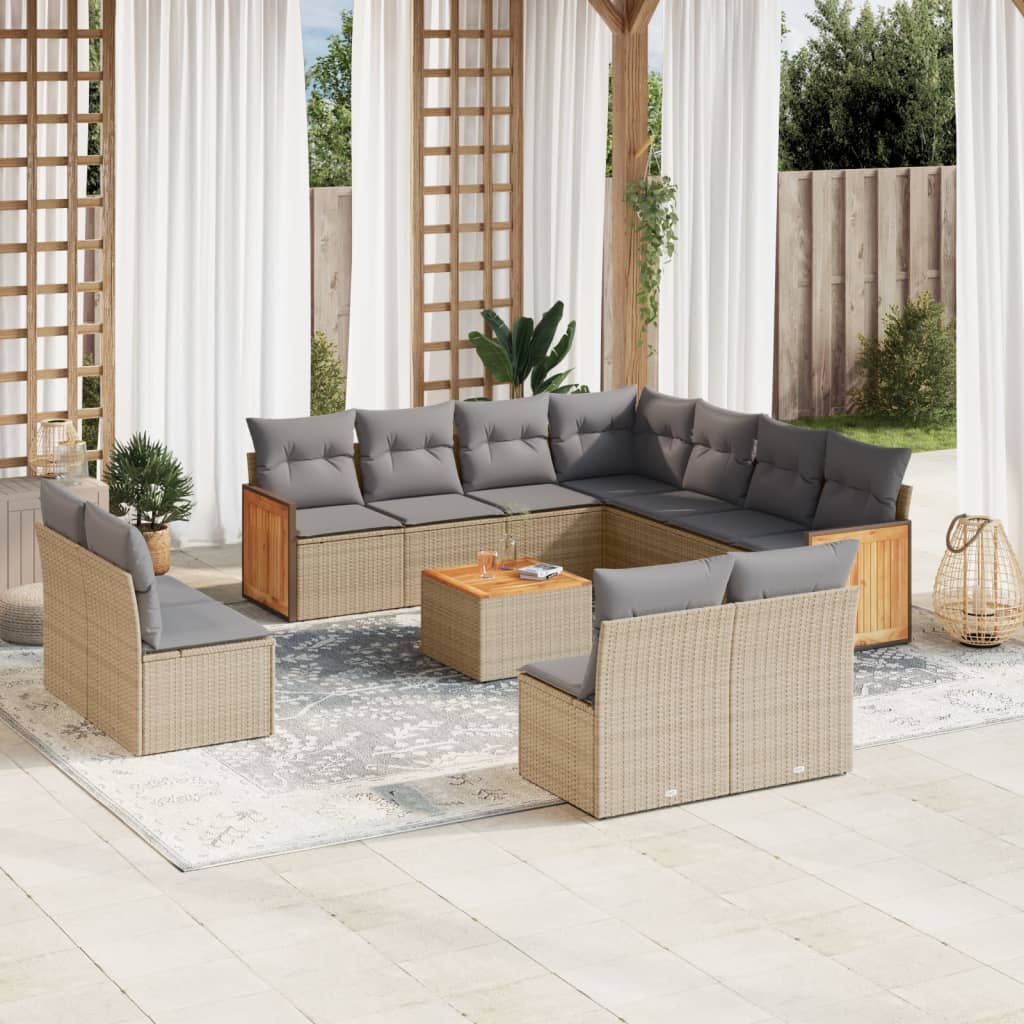 12 Pcs conjunto de sofás p/ jardim com almofadões vime PE bege