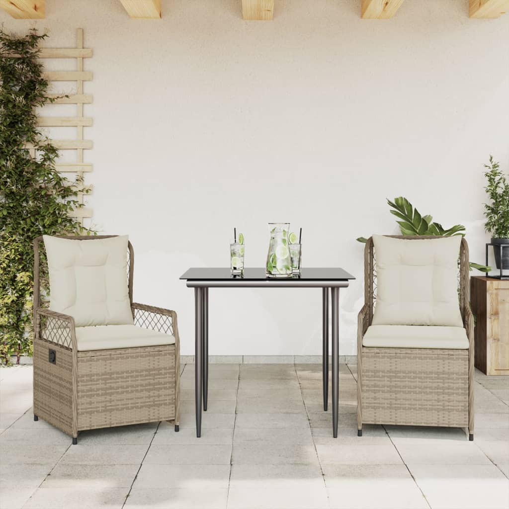 3 Pcs conjunto de jantar p/ jardim com almofadões vime PE bege