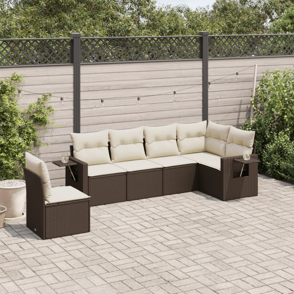 6 Pcs conjunto de sofás jardim c/ almofadões vime PE castanho