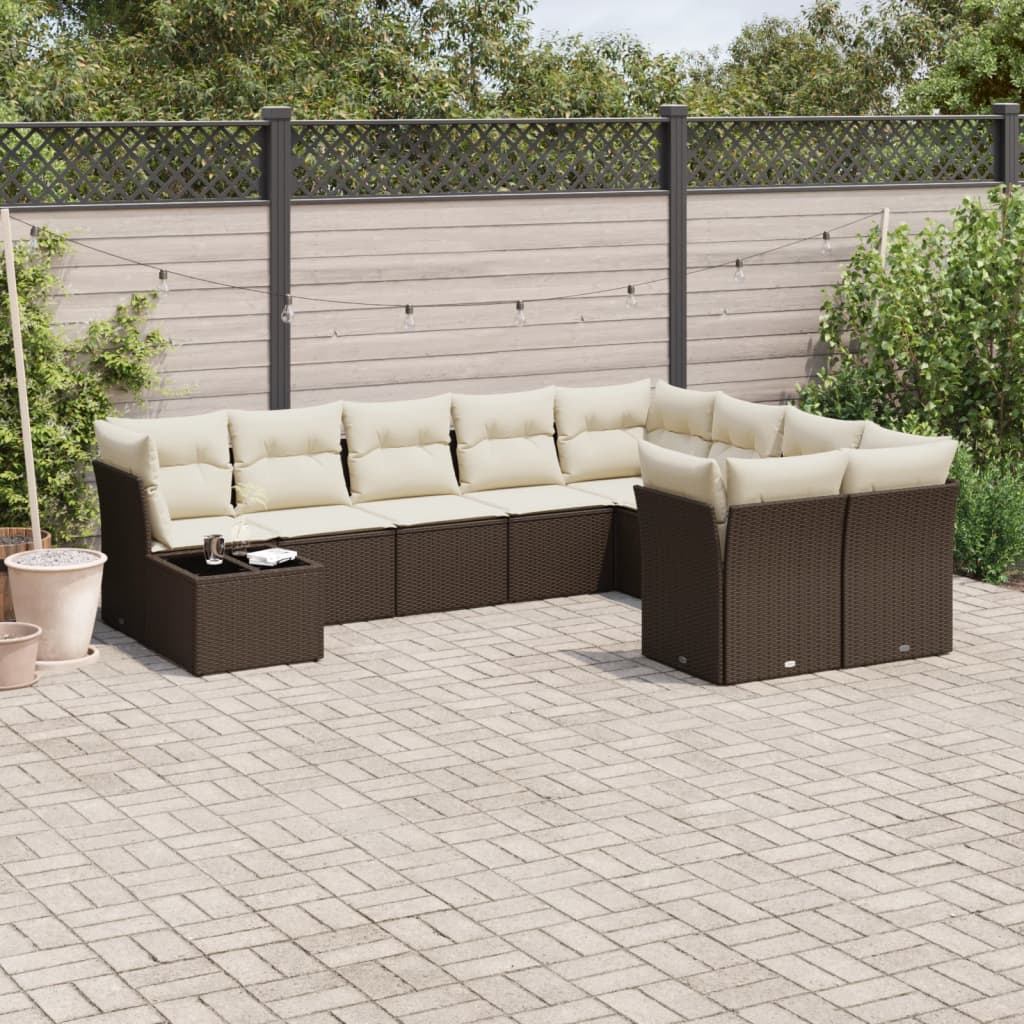 10 Pcs conj. sofás jardim com almofadões vime PE castanho