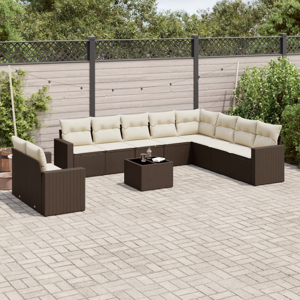 11 Pcs conjunto sofás de jardim c/ almofadões vime PE castanho