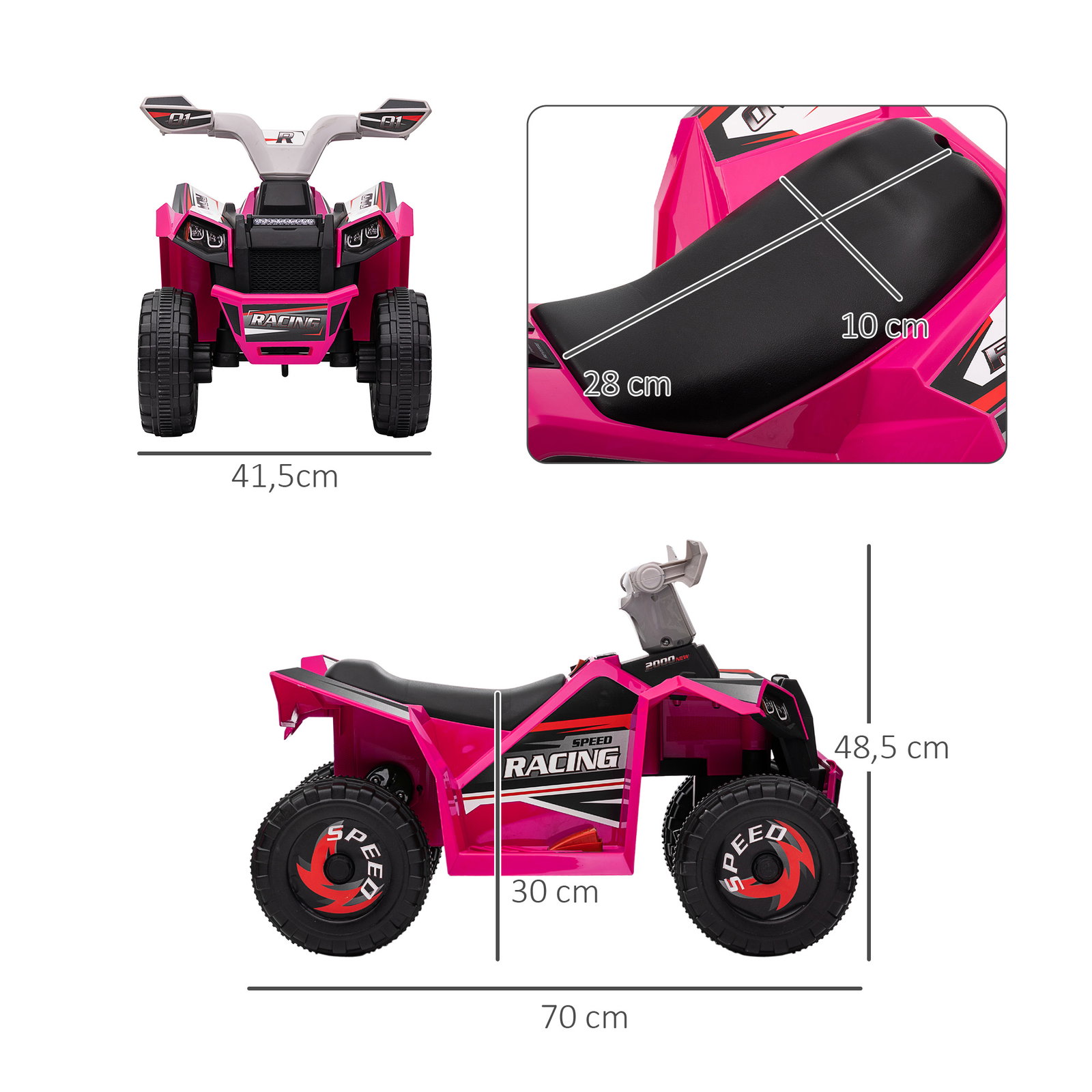 Quadriciclo elétrico para crianças veículo elétrico a bateria de 6v com velocidade de 2,5 km/h 70x41,5x48,5 cm rosa