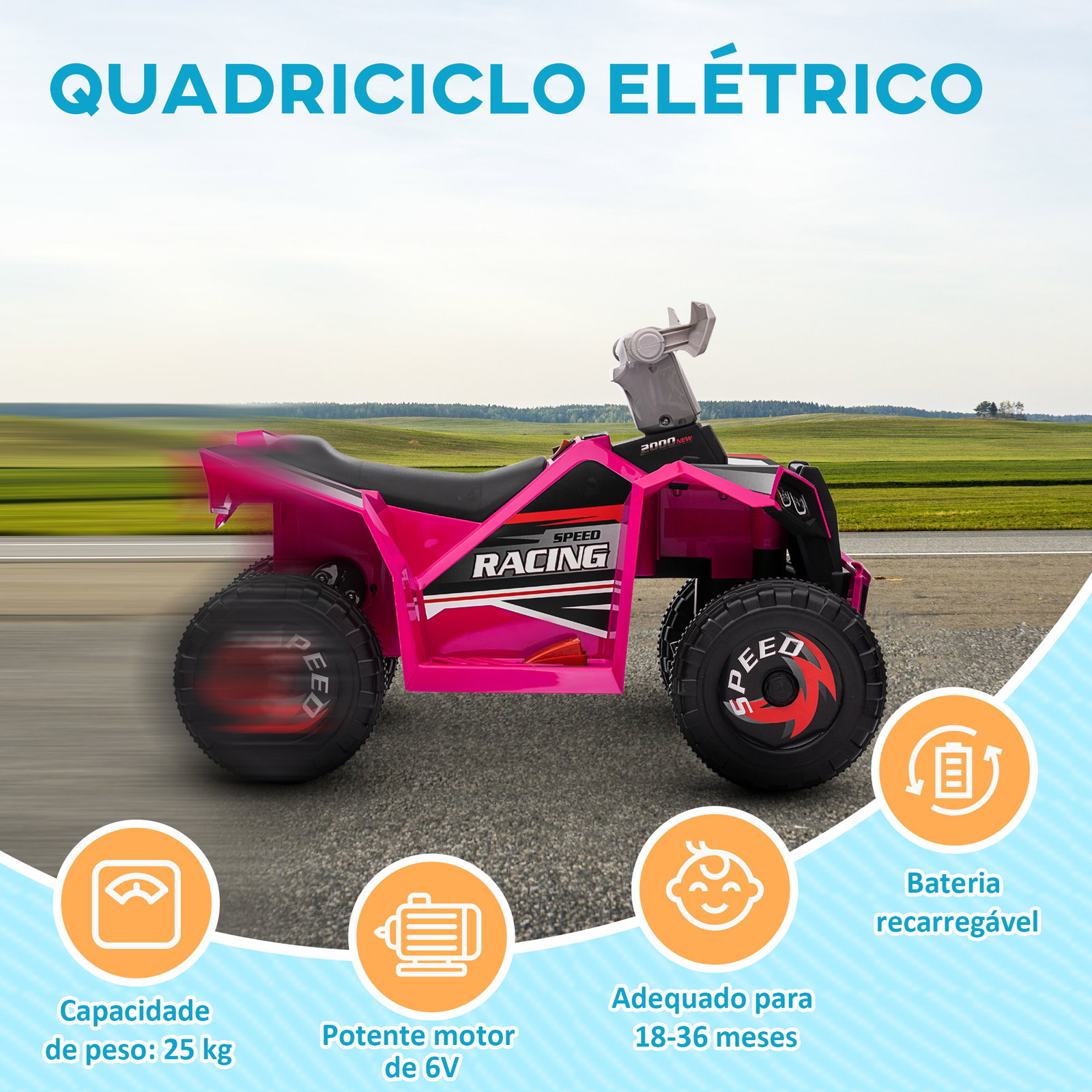 Quadriciclo elétrico para crianças veículo elétrico a bateria de 6v com velocidade de 2,5 km/h 70x41,5x48,5 cm rosa