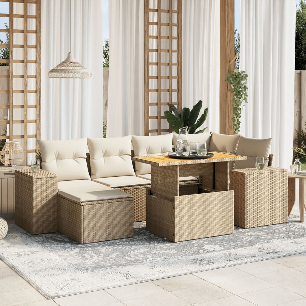 7 Pcs conjunto de sofás p/ jardim com almofadões vime PE bege