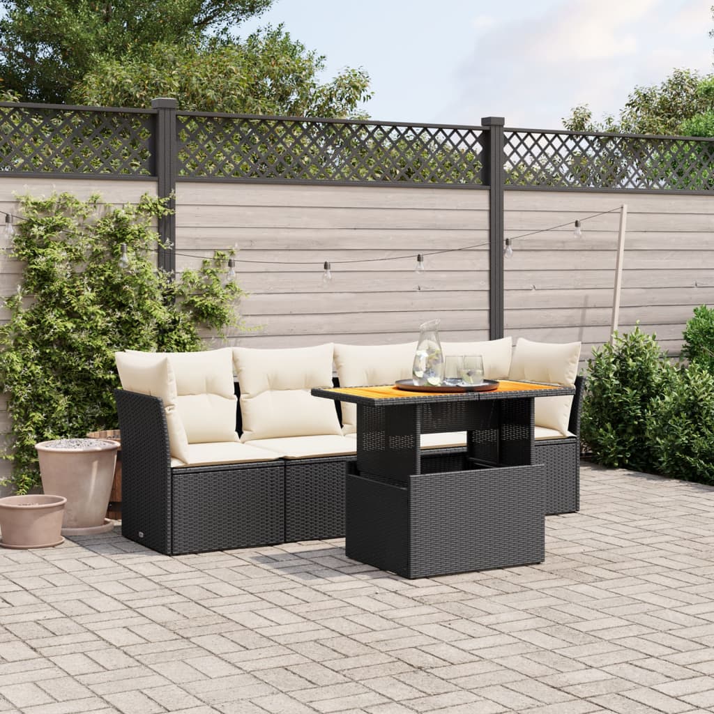 5 Pcs conjunto sofás de jardim com almofadões vime PE preto
