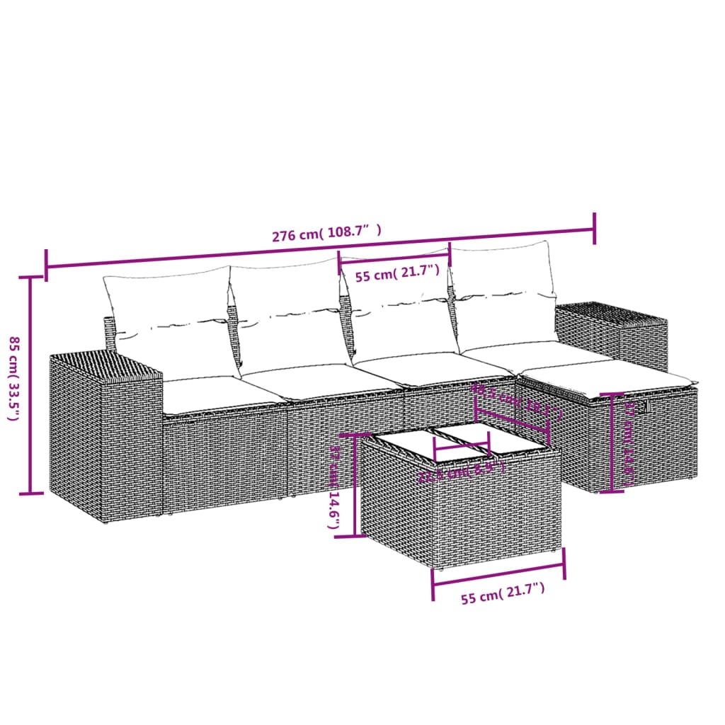 Conjunto de sofá de jardim com 6 peças e almofadas em rattan sintético marrom