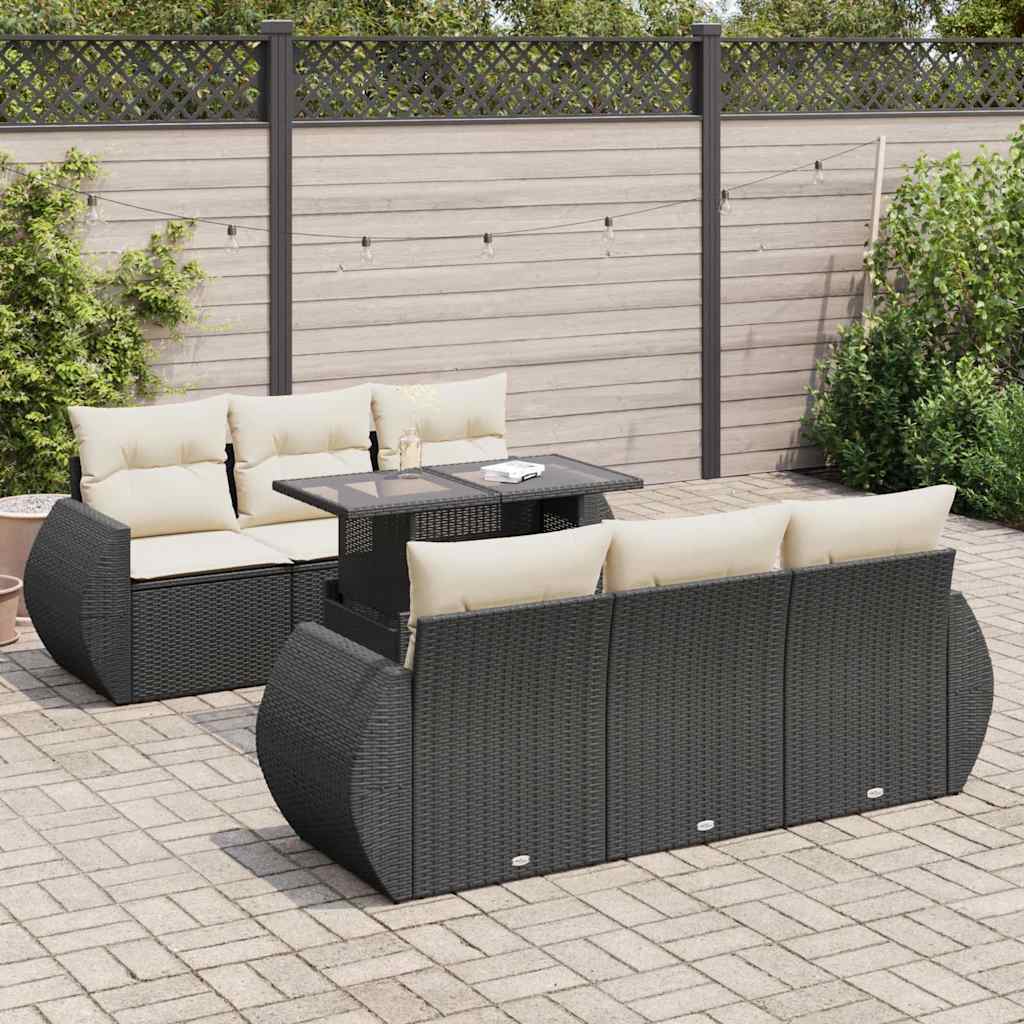 7 Pcs conjunto de sofás p/ jardim c/ almofadões vime PE preto