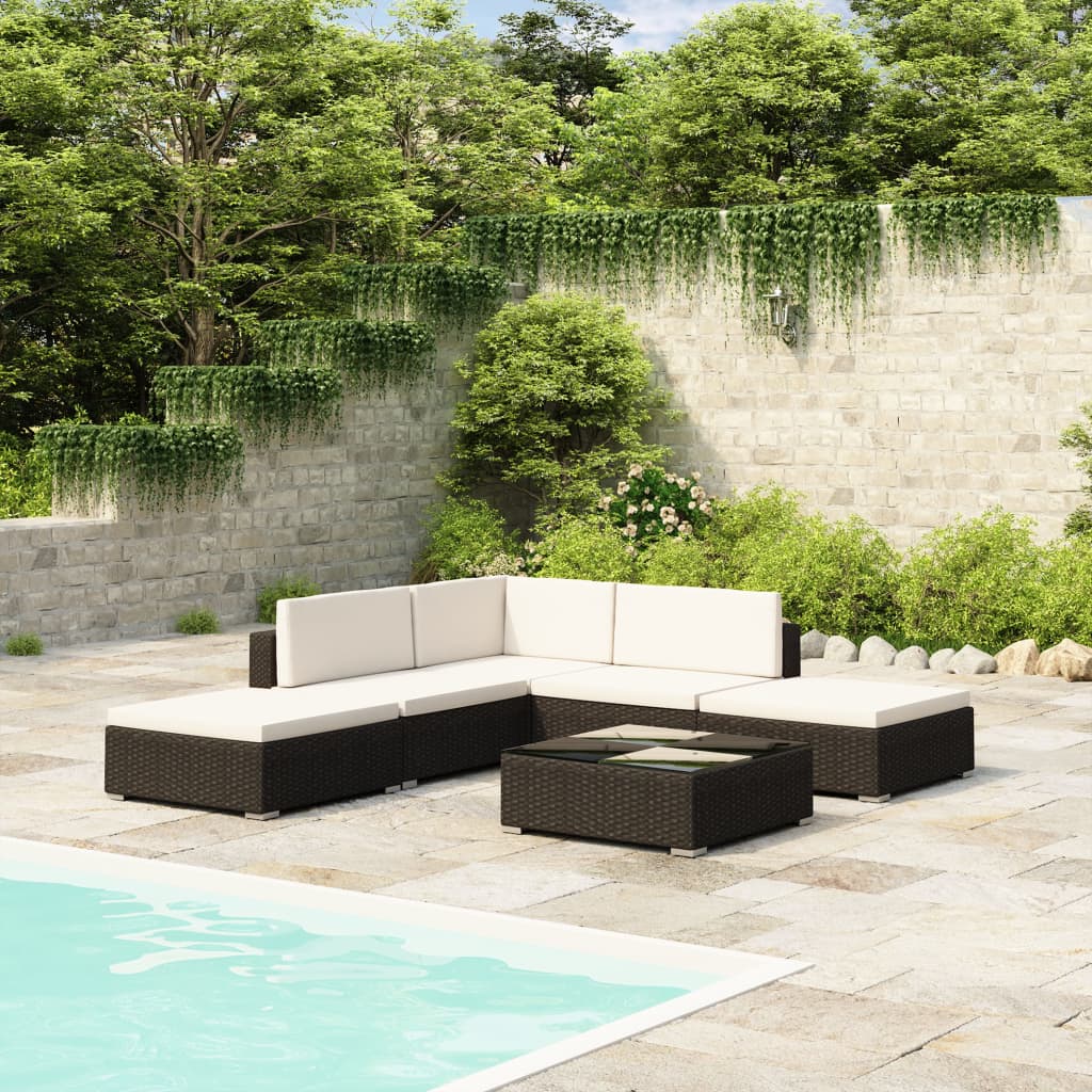 6 Pcs conjunto lounge de jardim c/ almofadões vime PE preto