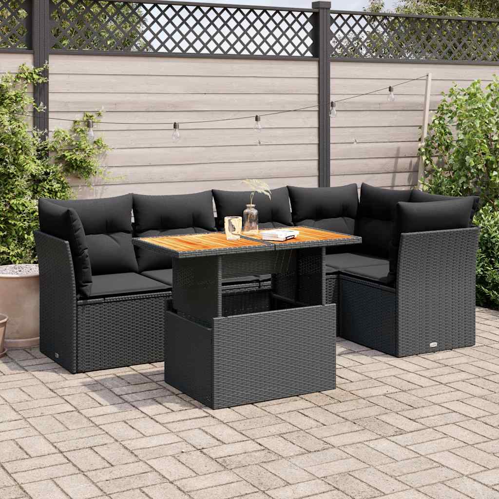 6 Pcs conjunto sofás de jardim c/ almofadões vime PE preto