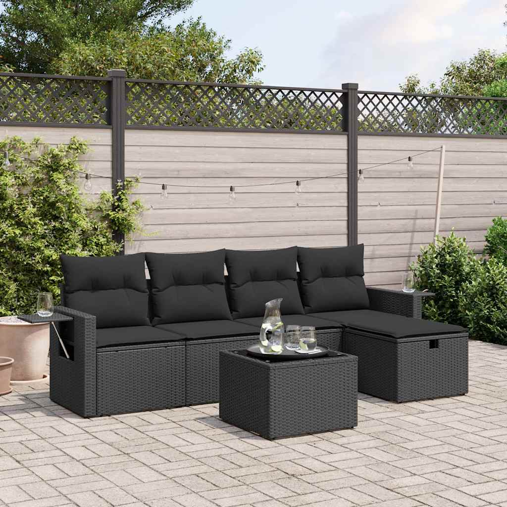 6 Pcs conjunto sofás de jardim c/ almofadões vime PE preto