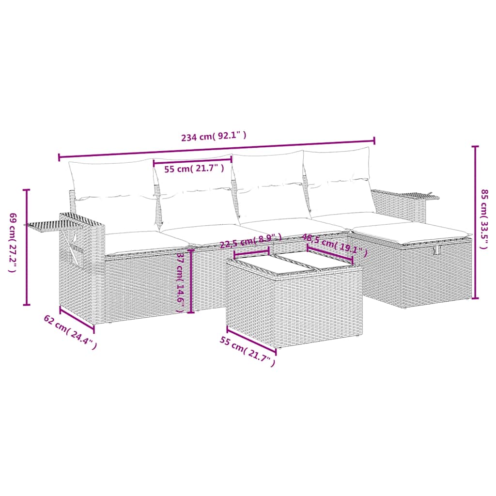 6 Pcs conjunto sofás de jardim c/ almofadões vime PE preto