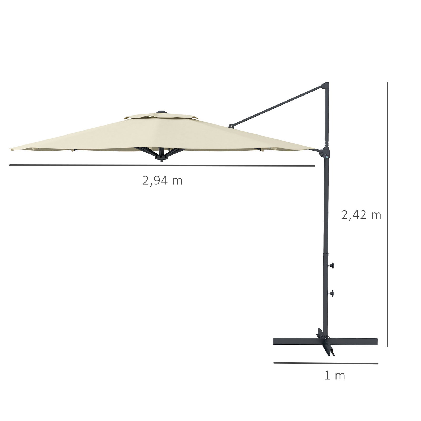 Chapéu de sol excêntrico ø294x242 cm chapéu de sol com altura ajustável mastro giratório 360° ângulo ajustável creme