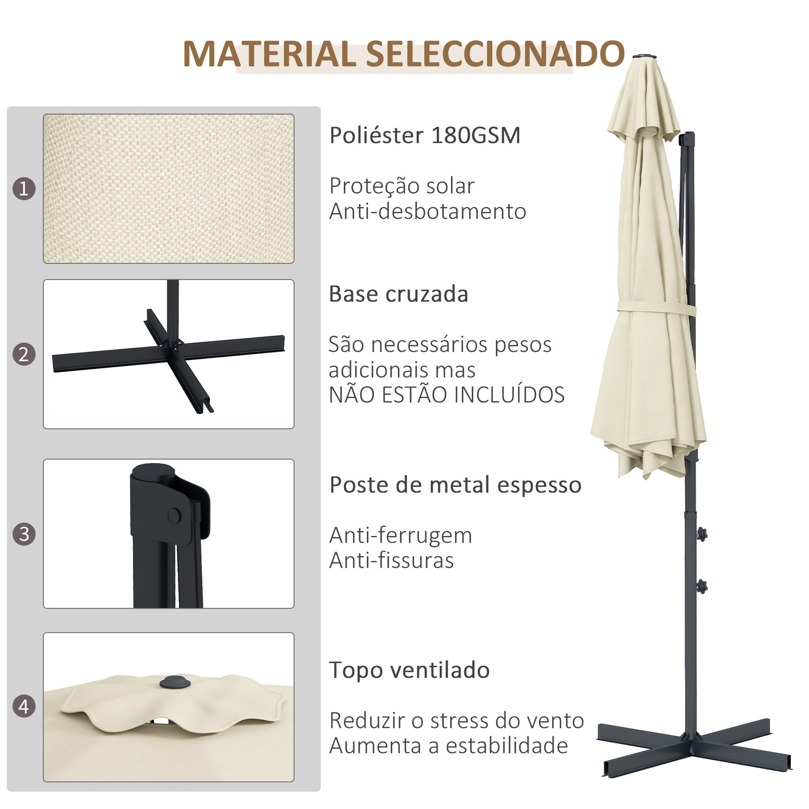 Chapéu de sol excêntrico ø294x242 cm chapéu de sol com altura ajustável mastro giratório 360° ângulo ajustável creme
