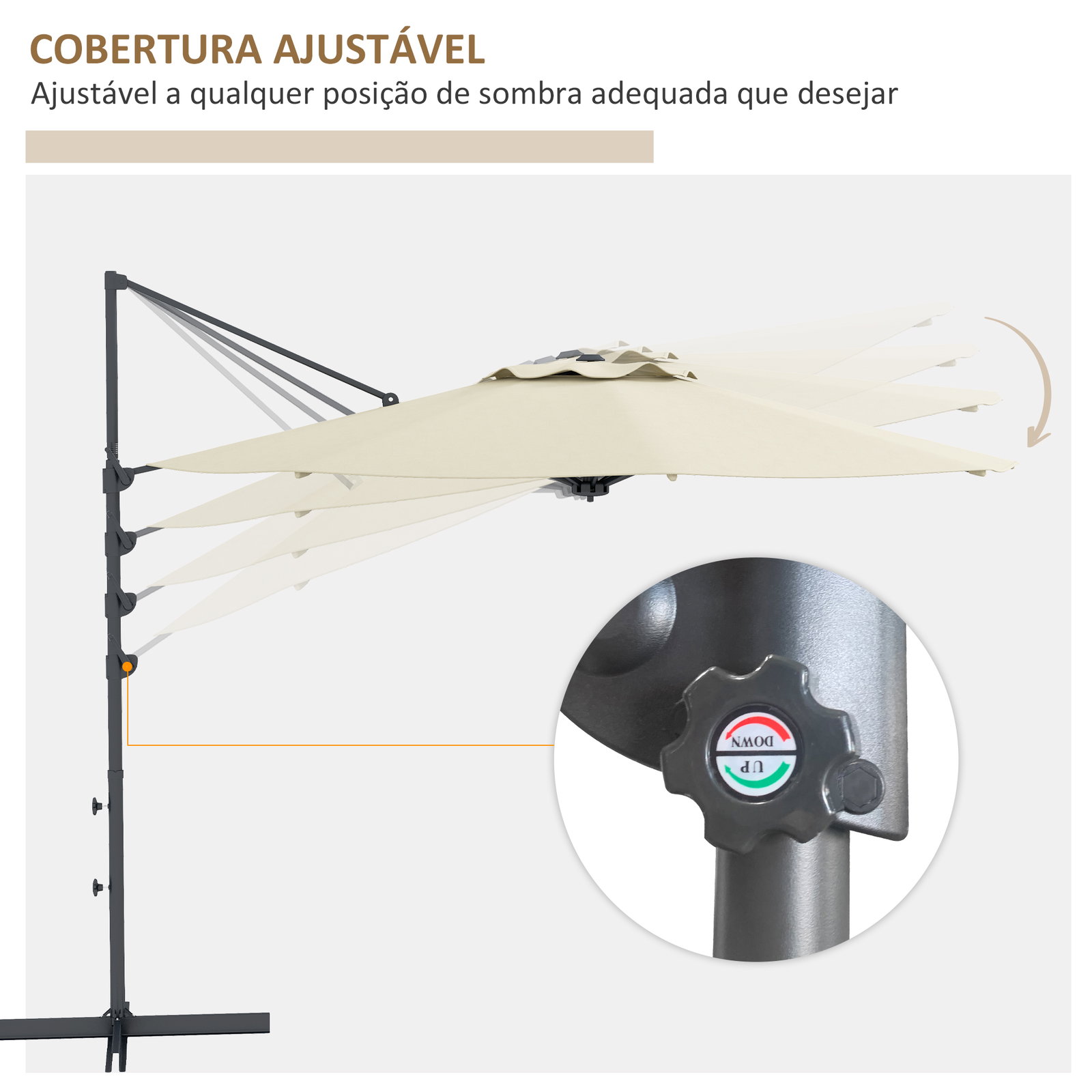 Chapéu de sol excêntrico ø294x242 cm chapéu de sol com altura ajustável mastro giratório 360° ângulo ajustável creme