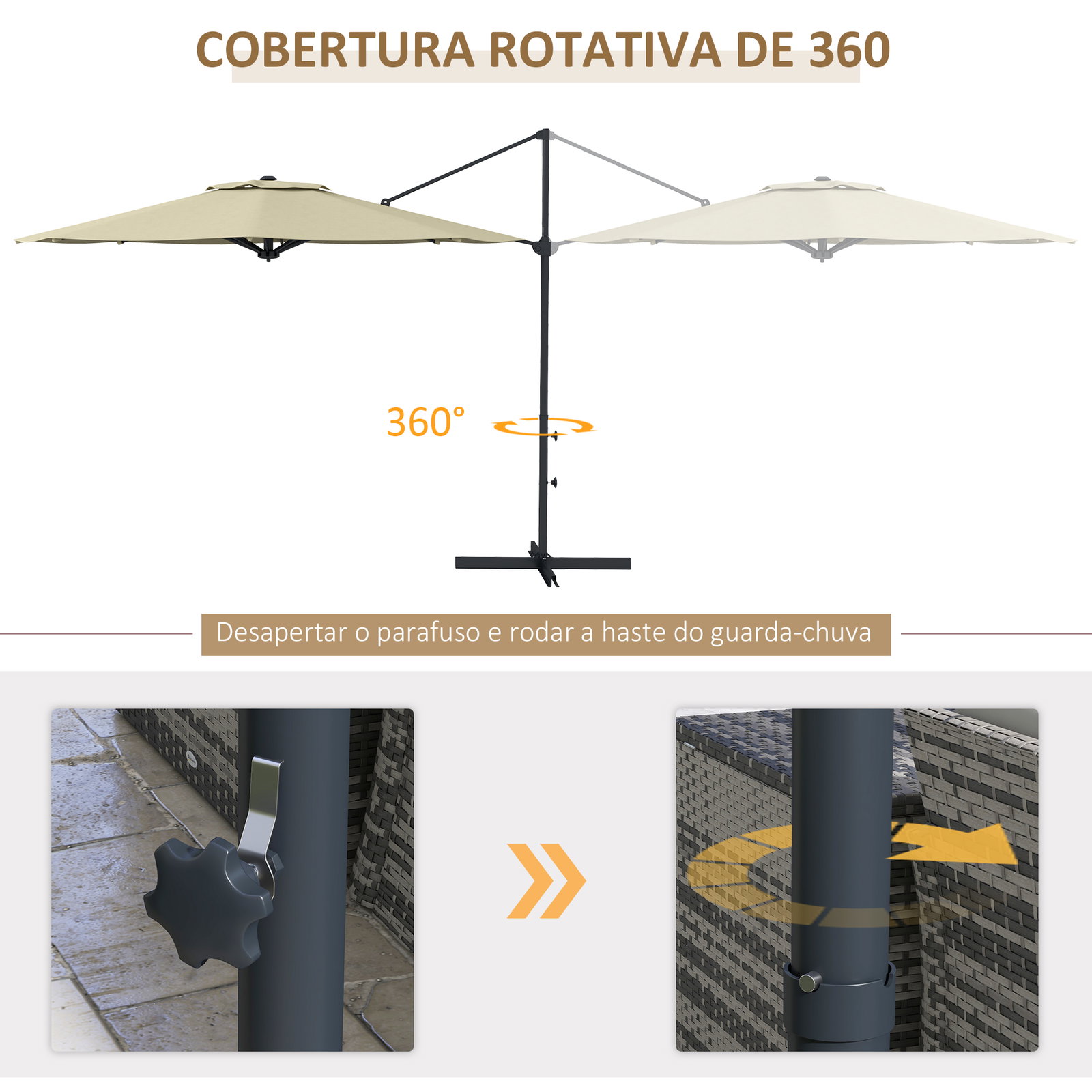 Chapéu de sol excêntrico ø294x242 cm chapéu de sol com altura ajustável mastro giratório 360° ângulo ajustável creme