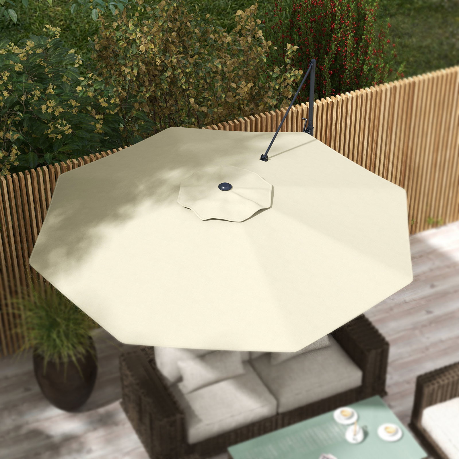 Chapéu de sol excêntrico ø294x242 cm chapéu de sol com altura ajustável mastro giratório 360° ângulo ajustável creme