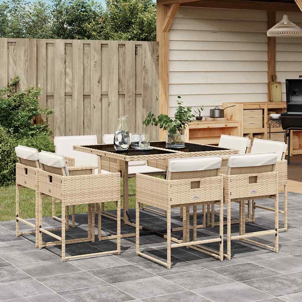 9 Pcs conjunto de jantar p/ jardim com almofadões vime PE bege