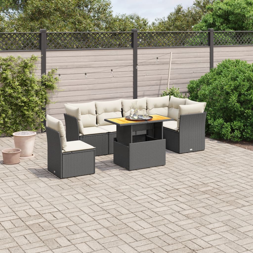 7 Pcs conjunto de sofás p/ jardim c/ almofadões vime PE preto