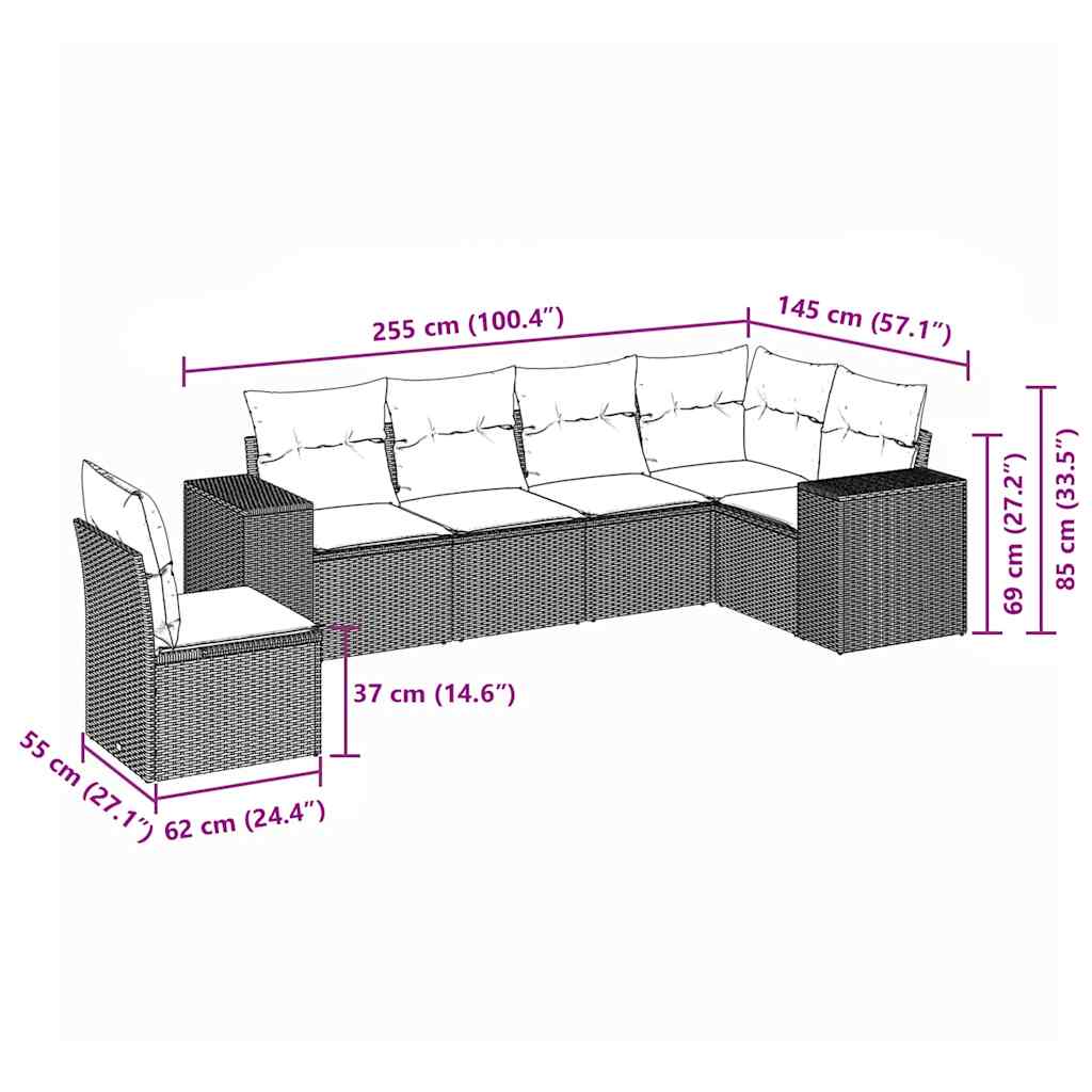 6 Pcs conjunto sofás de jardim c/ almofadões vime PE preto