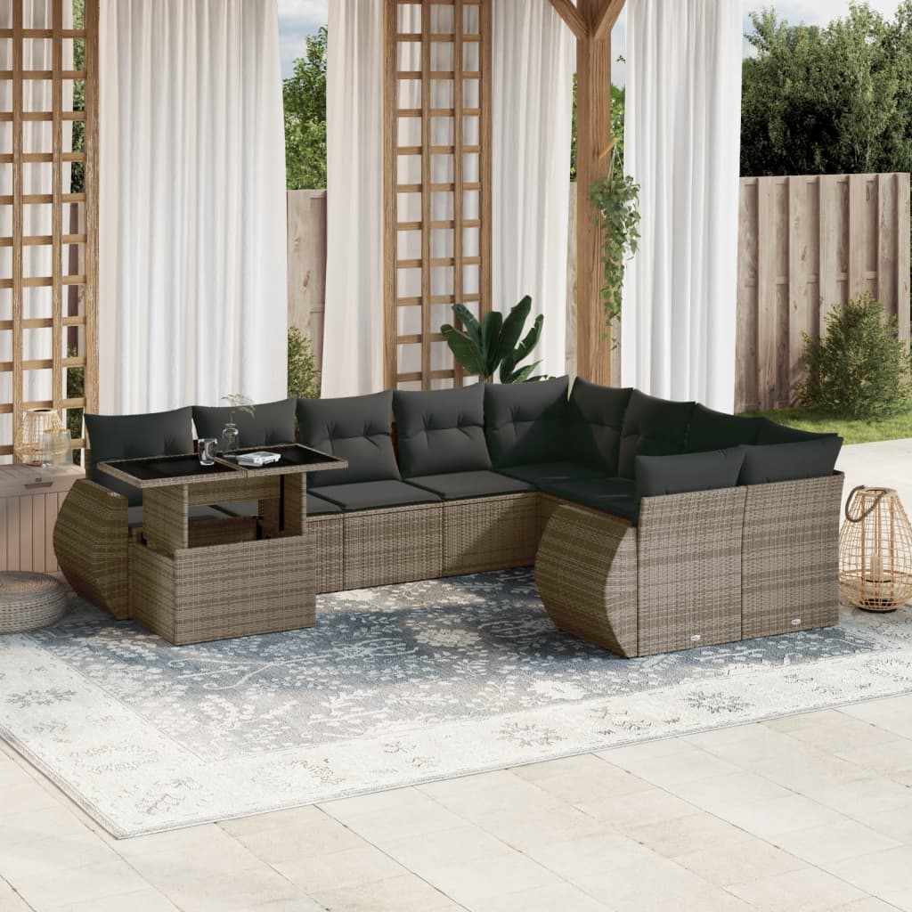 10 Pcs conjunto sofás de jardim c/ almofadões vime PE cinzento