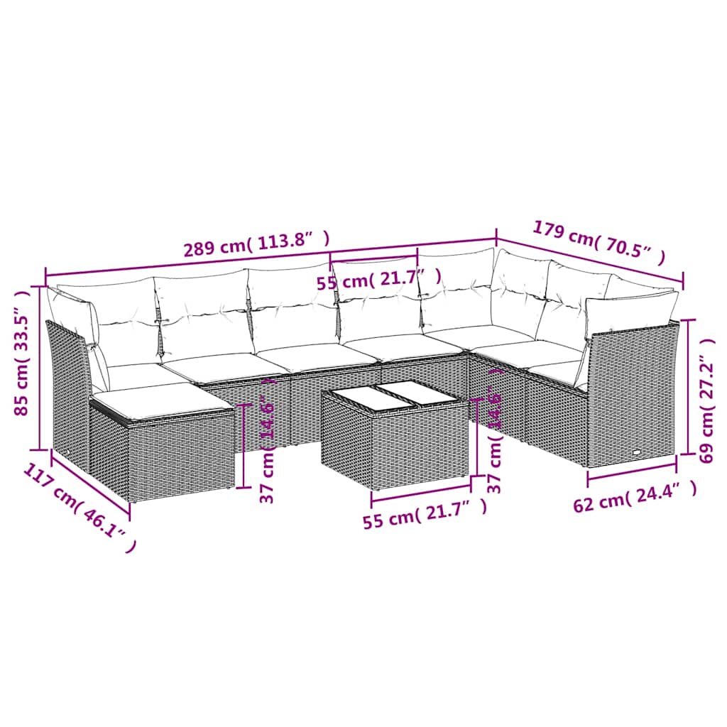 9 Pcs conjunto de sofás p/ jardim c/ almofadões vime PE preto