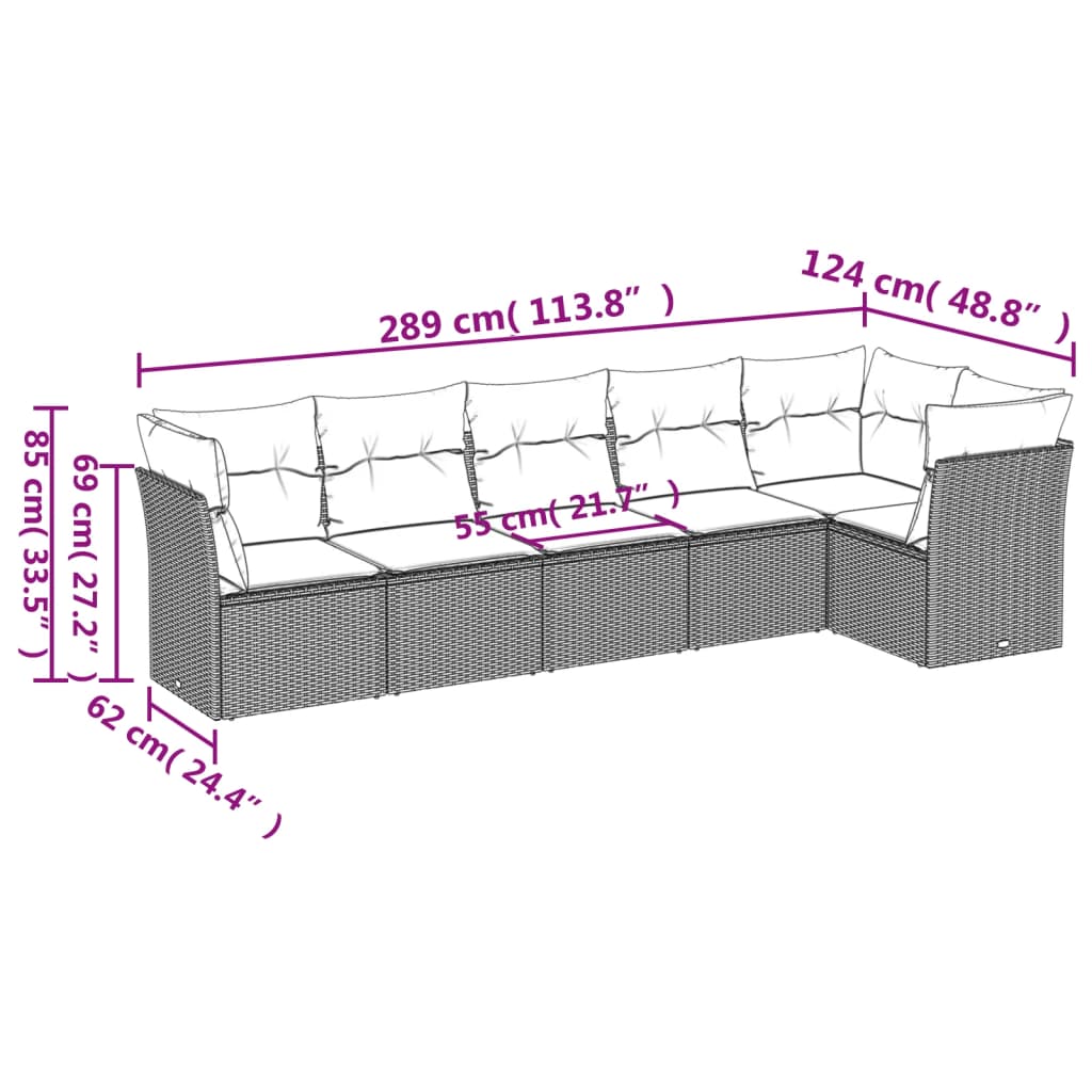 6 Pcs conjunto sofás de jardim c/ almofadões vime PE preto