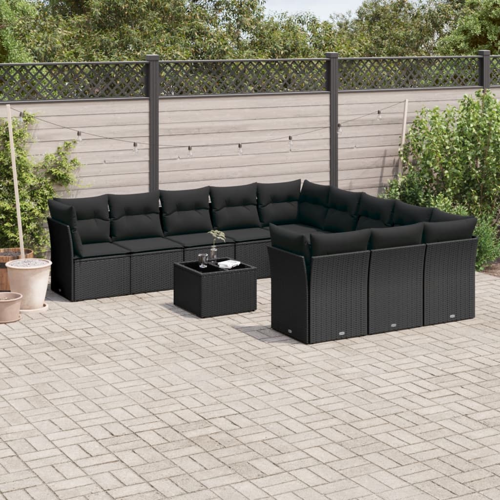 12 Pcs conjunto de sofás de jardim c/ almofadões vime PE preto