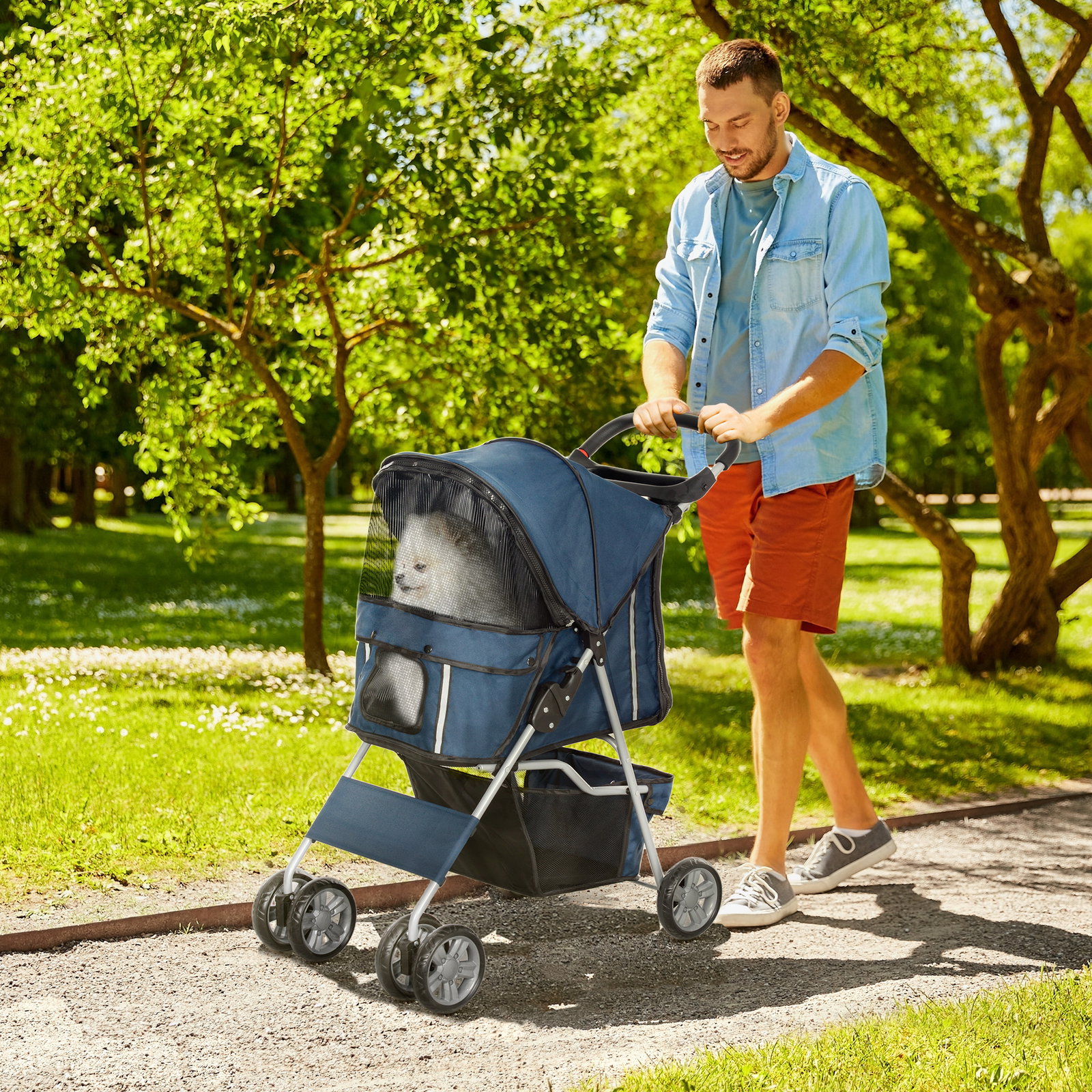 Carrinho de passeio para animais de estimação dobrável com cesta de armazenamento e travão 75x45x97cm azul escuro