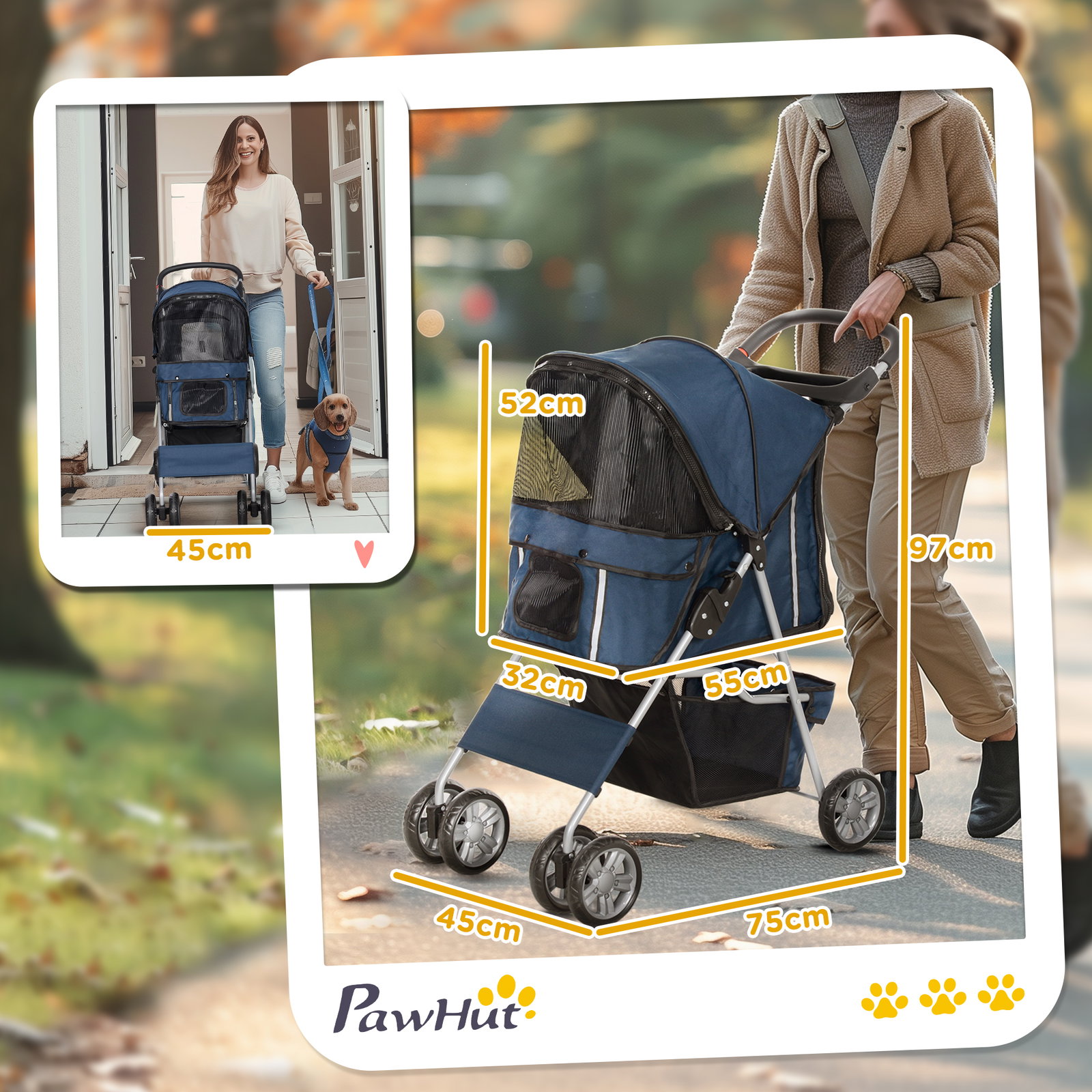 Carrinho de passeio para animais de estimação dobrável com cesta de armazenamento e travão 75x45x97cm azul escuro