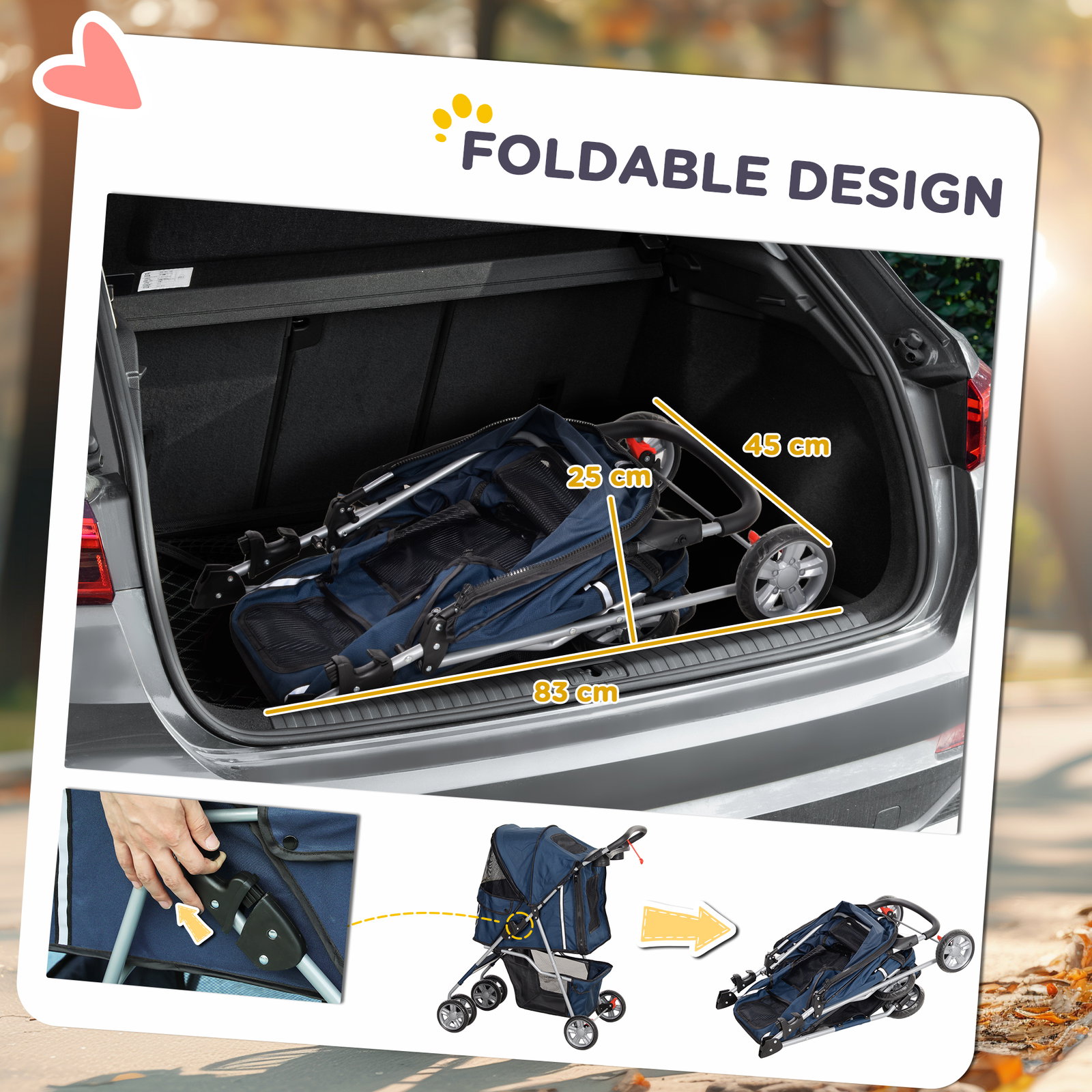 Carrinho de passeio para animais de estimação dobrável com cesta de armazenamento e travão 75x45x97cm azul escuro