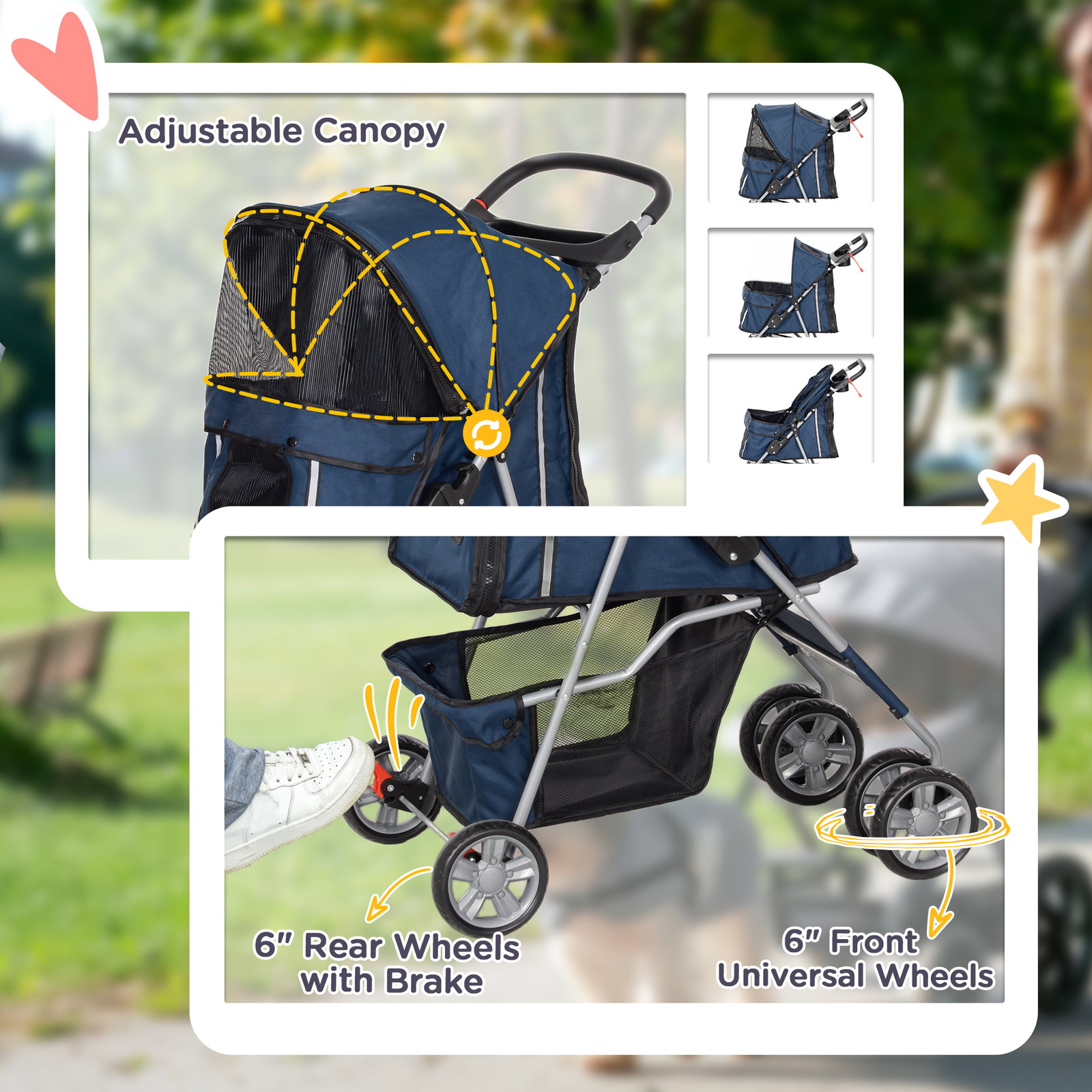 Carrinho de passeio para animais de estimação dobrável com cesta de armazenamento e travão 75x45x97cm azul escuro