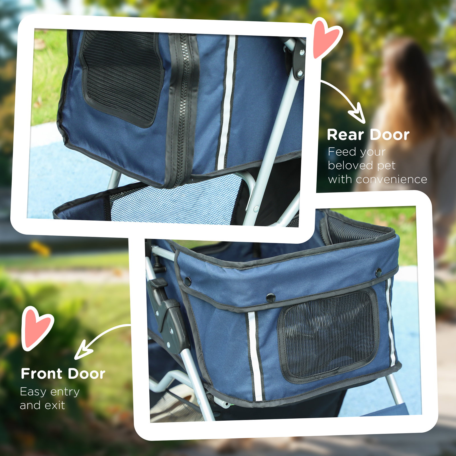 Carrinho de passeio para animais de estimação dobrável com cesta de armazenamento e travão 75x45x97cm azul escuro