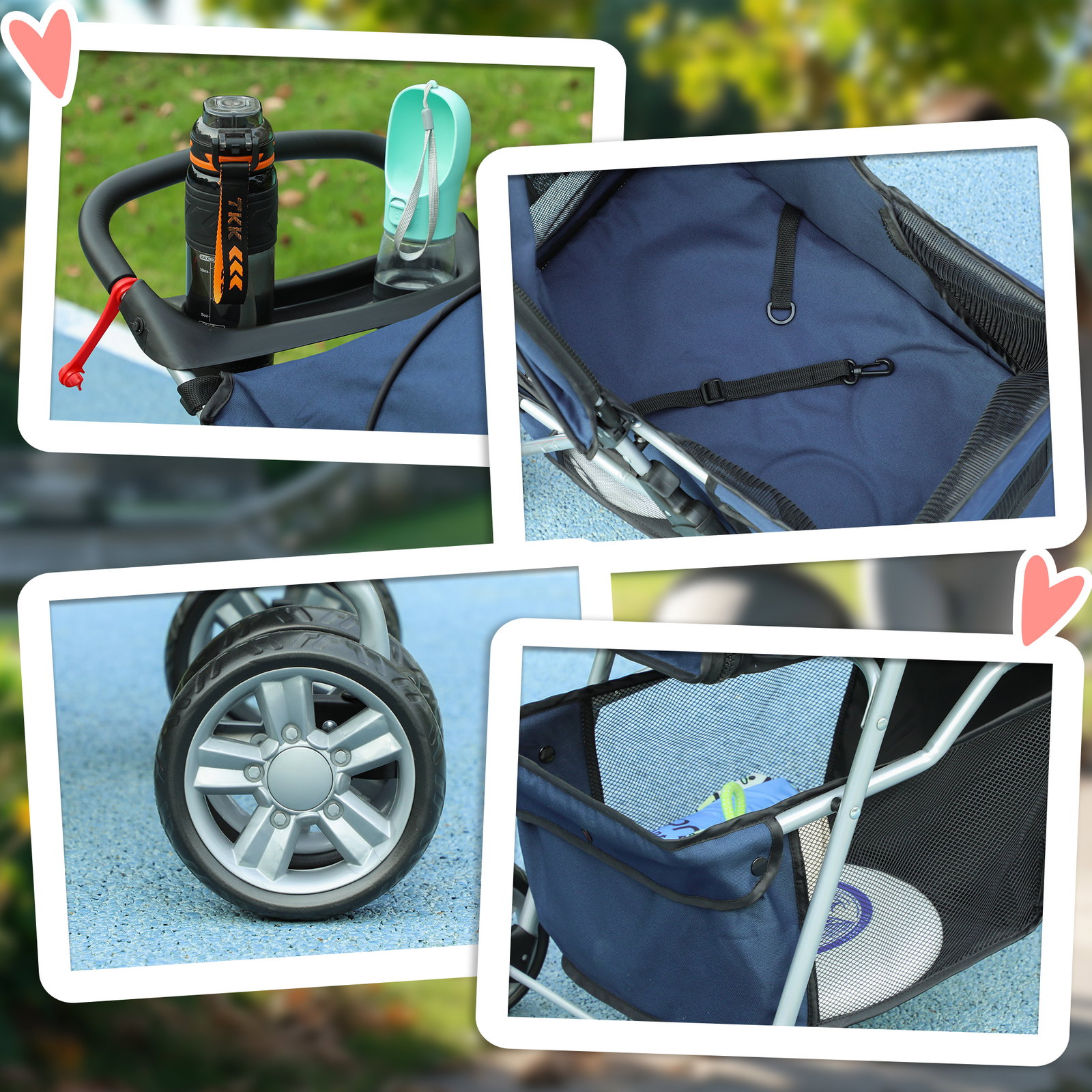 Carrinho de passeio para animais de estimação dobrável com cesta de armazenamento e travão 75x45x97cm azul escuro