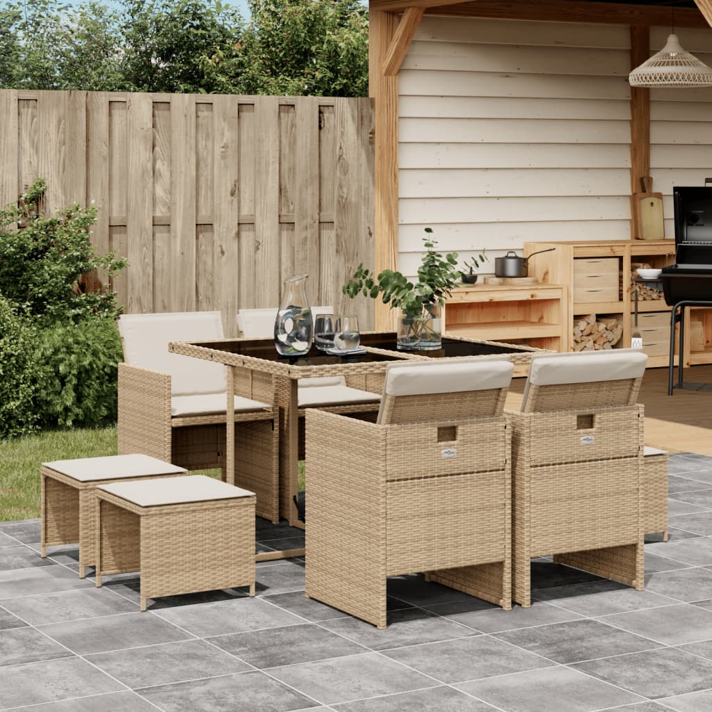 9 Pcs conjunto de jantar p/ jardim com almofadões vime PE bege