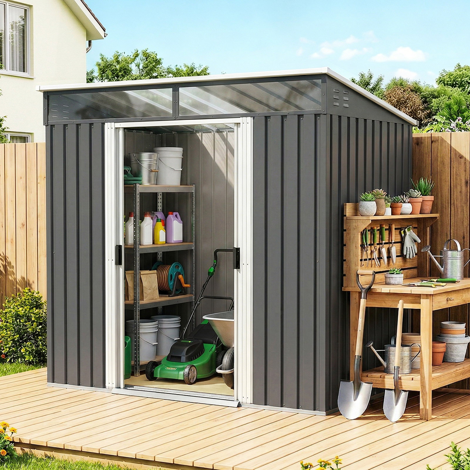 Abrigo de jardim 2 m² 195x122x181,5 cm abrigo de armazenamento metálico com porta de correr e 2 janelas cinza escuro