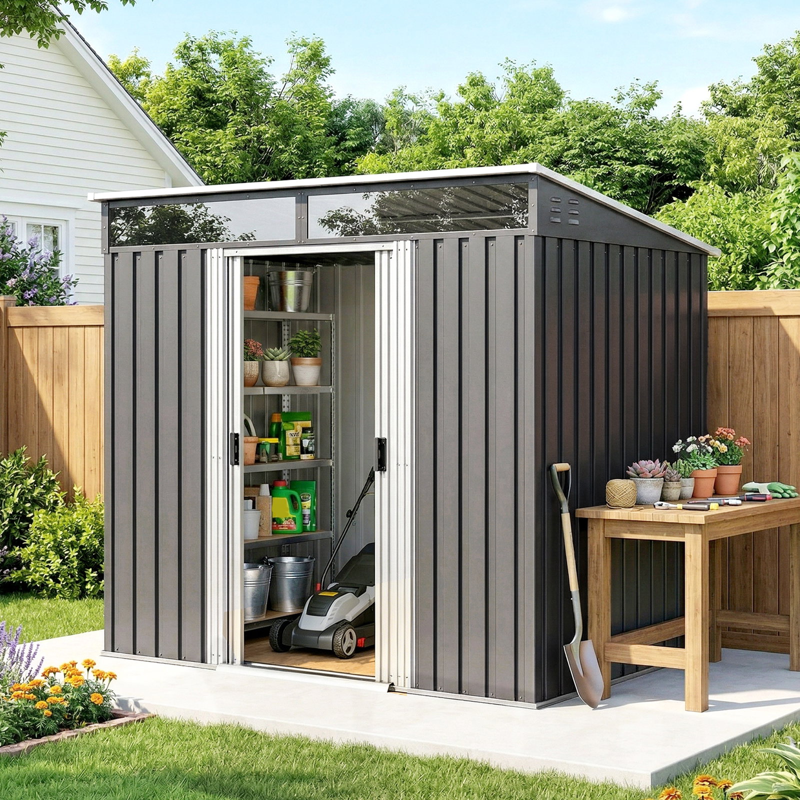 Abrigo de jardim 2 m² 195x122x181,5 cm abrigo de armazenamento metálico com porta de correr e 2 janelas cinza escuro