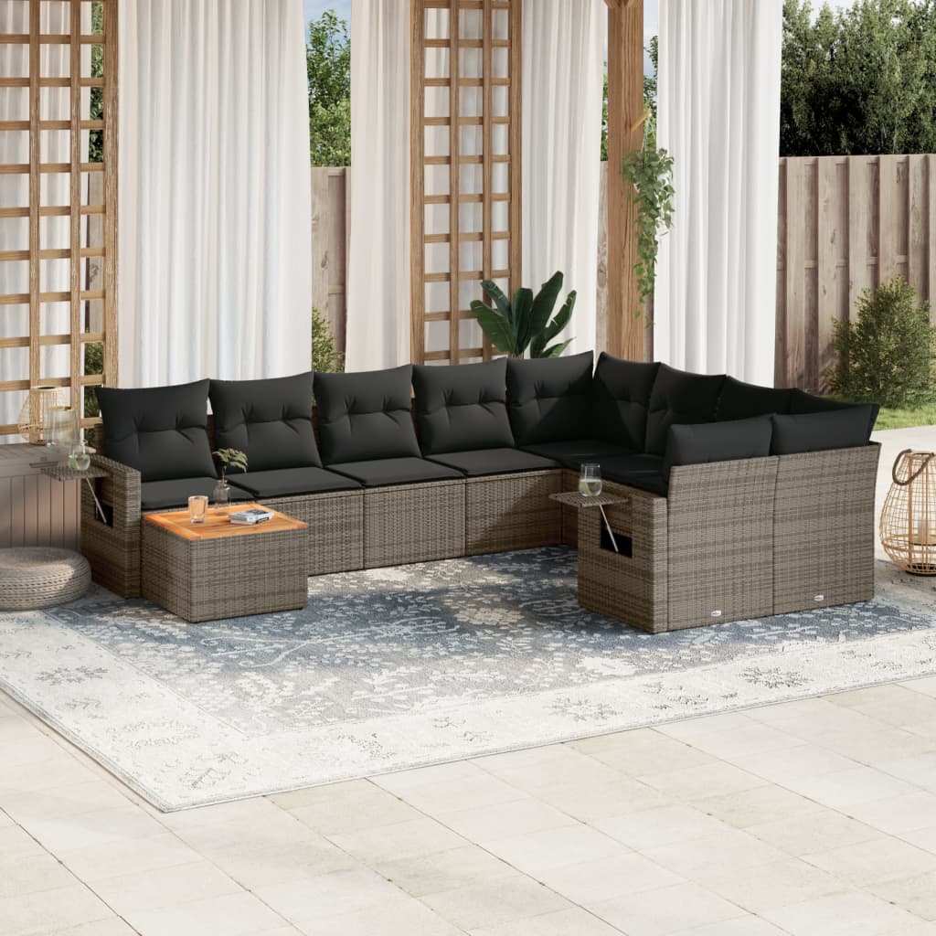 10 Pcs conjunto sofás de jardim c/ almofadões vime PE cinzento