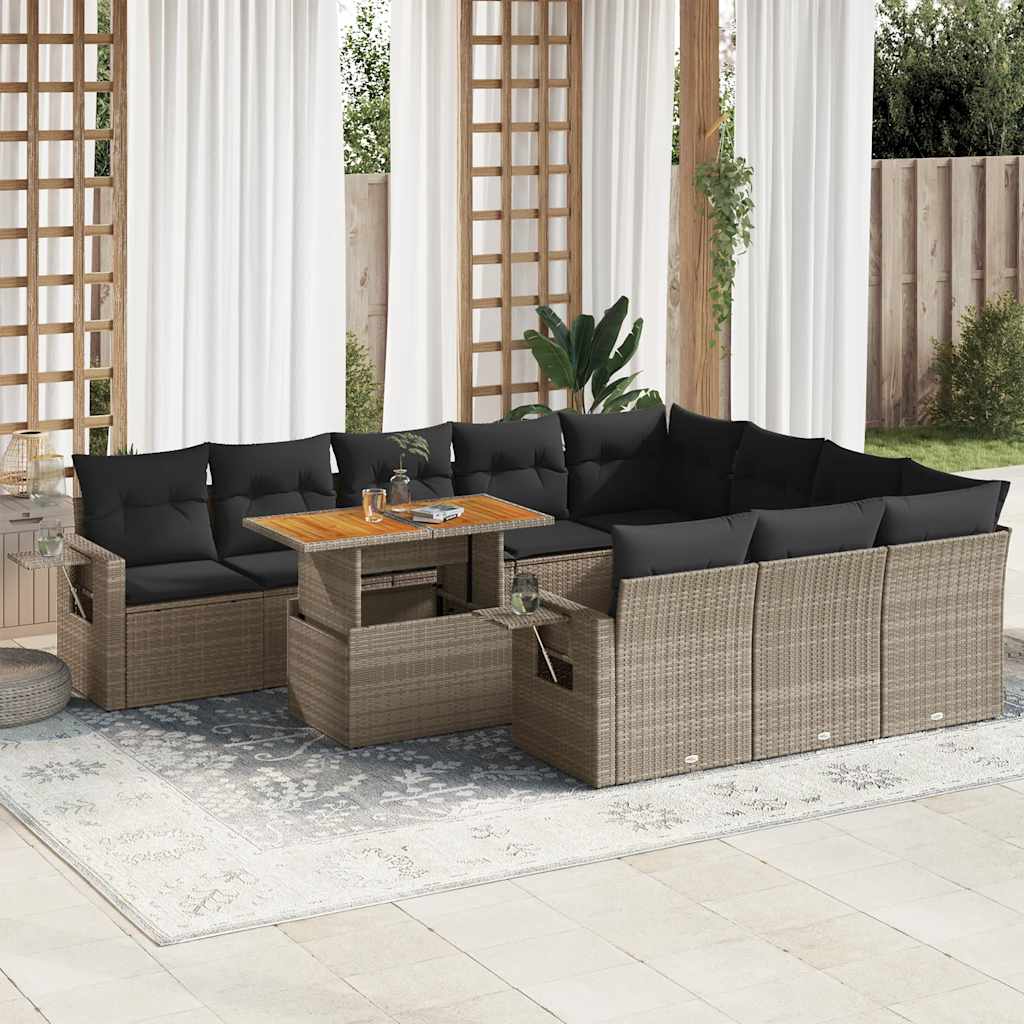 11 Pcs conjunto sofás de jardim c/ almofadões vime PE cinzento
