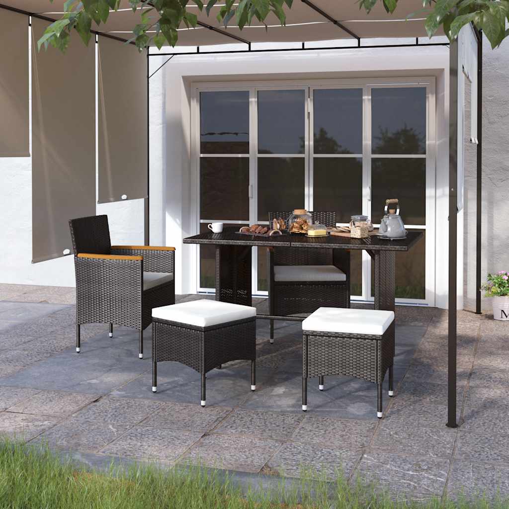 4 Pcs conjunto de cadeiras e bancos de jardim vime PE preto