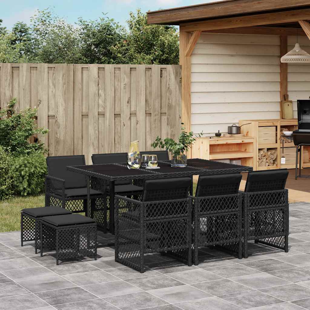 11 Pcs conjunto de jantar p/ jardim c/ almofadões vime PE preto