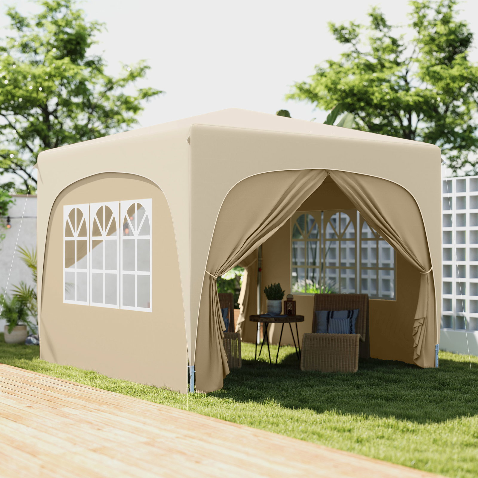 Tenda dobrável 3x3 m com painéis laterais upf50+ tenda de jardim com altura ajustável e bolsa de transporte areia