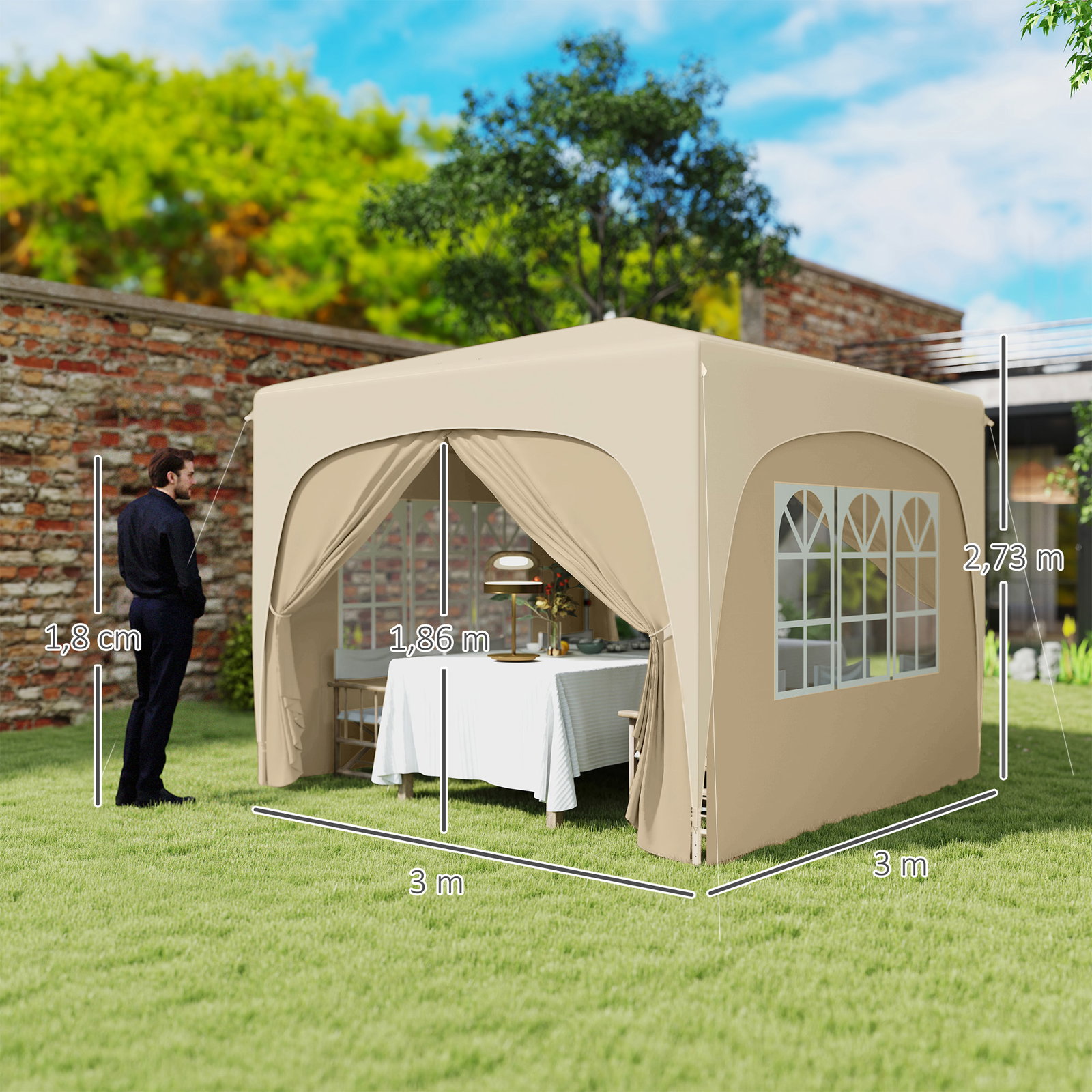 Tenda dobrável 3x3 m com painéis laterais upf50+ tenda de jardim com altura ajustável e bolsa de transporte areia