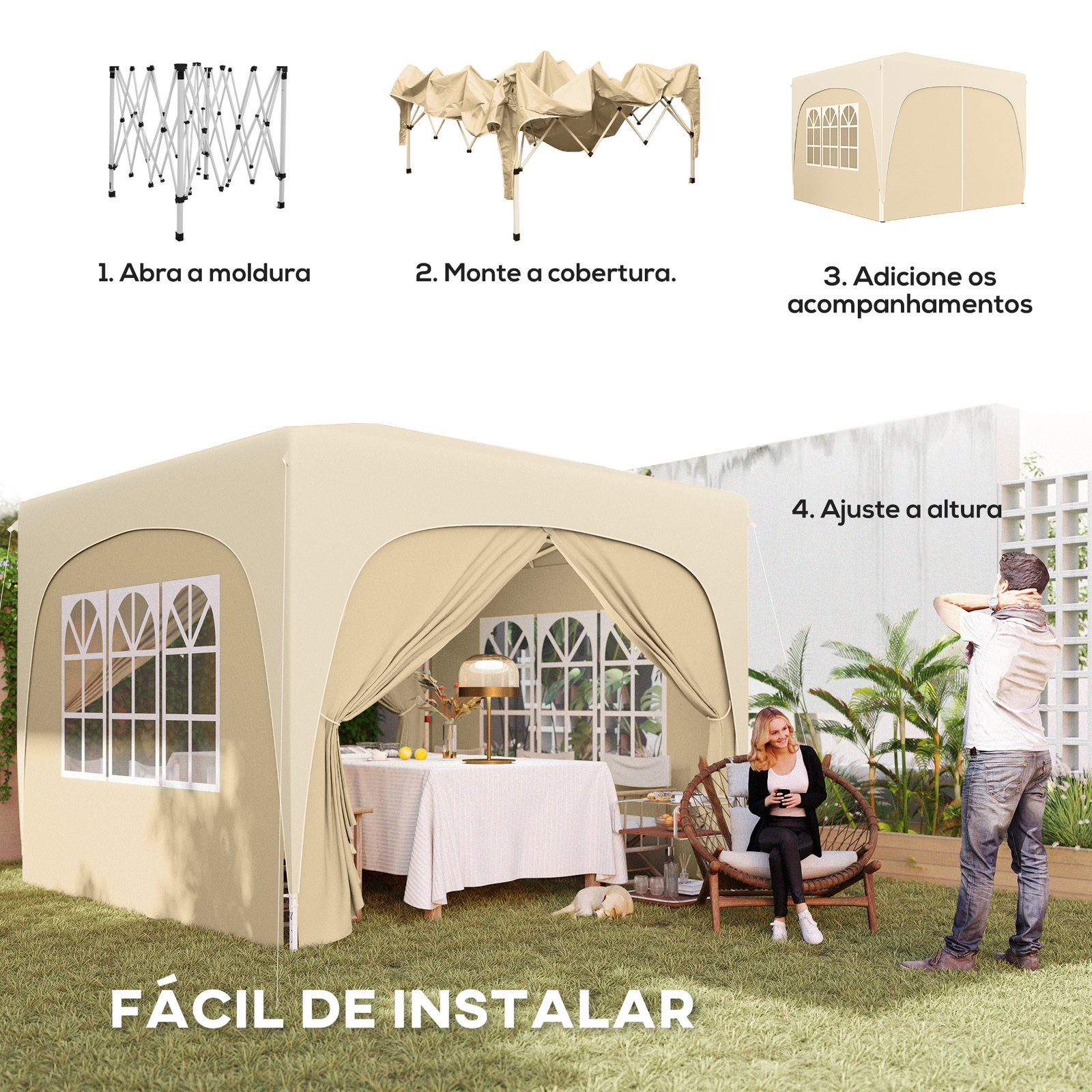Tenda dobrável 3x3 m com painéis laterais upf50+ tenda de jardim com altura ajustável e bolsa de transporte areia