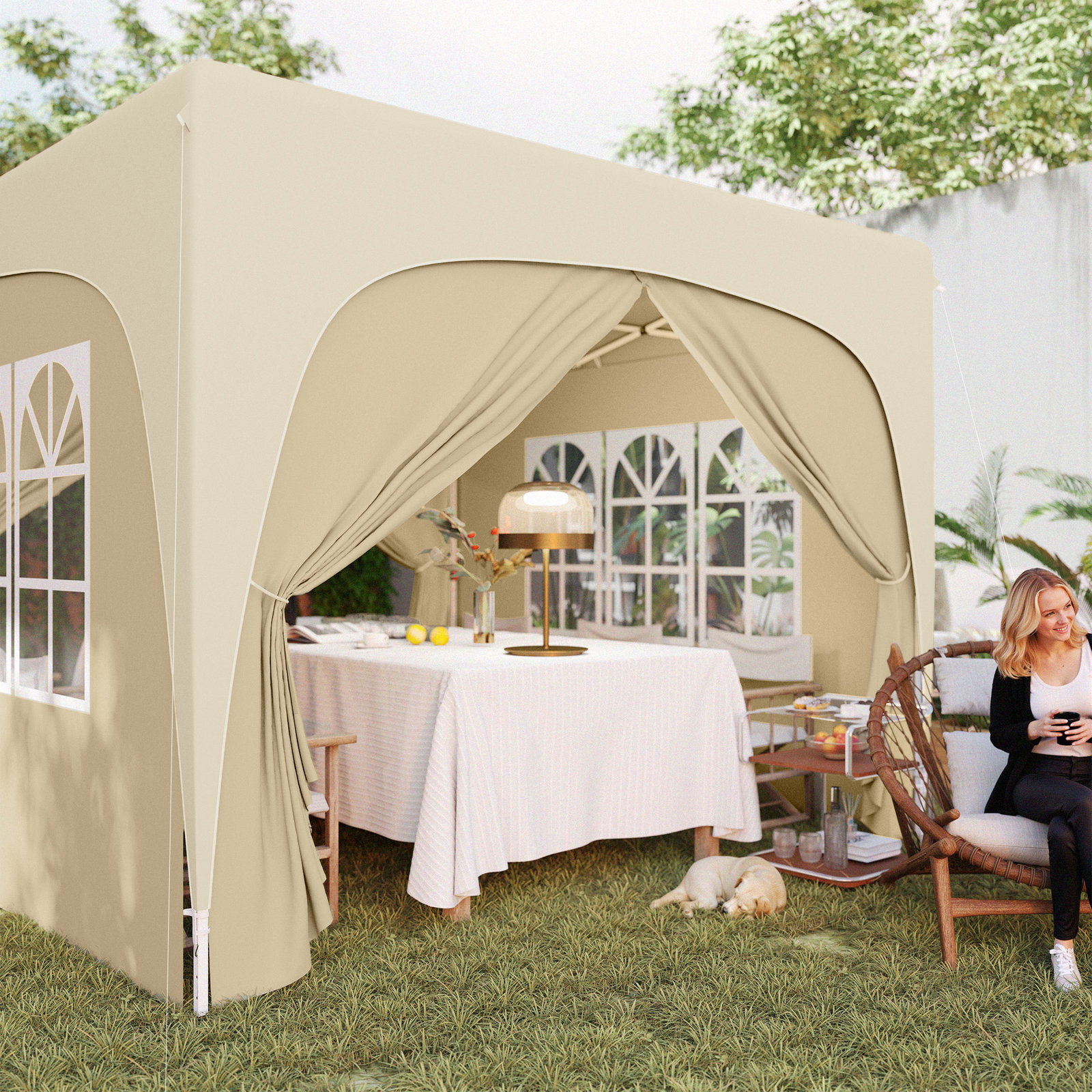 Tenda dobrável 3x3 m com painéis laterais upf50+ tenda de jardim com altura ajustável e bolsa de transporte areia