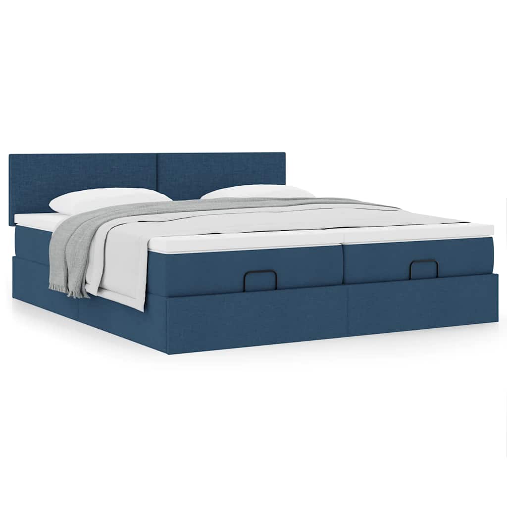 Estrutura de cama otomana com colchões 200x200cm tecido azul