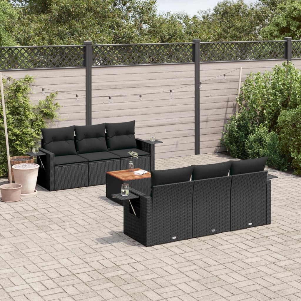 7 Pcs conjunto de sofás p/ jardim c/ almofadões vime PE preto